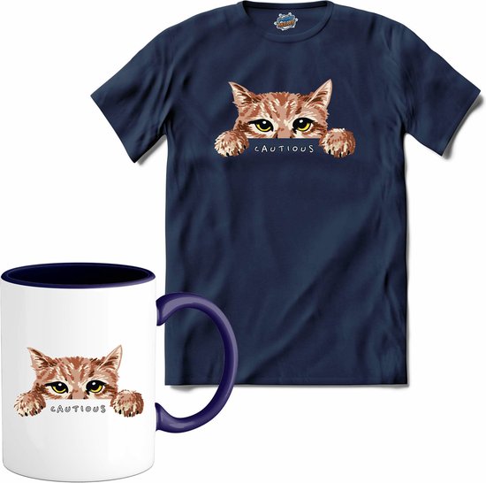 Cautious Cat | Katten - Kat - Cats - T-Shirt met mok - Unisex - Navy Blue - Maat S