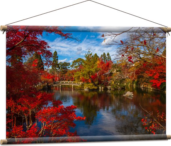 Textielposter - Rode Bladeren bij het Water - 90x60 cm Foto op Textiel