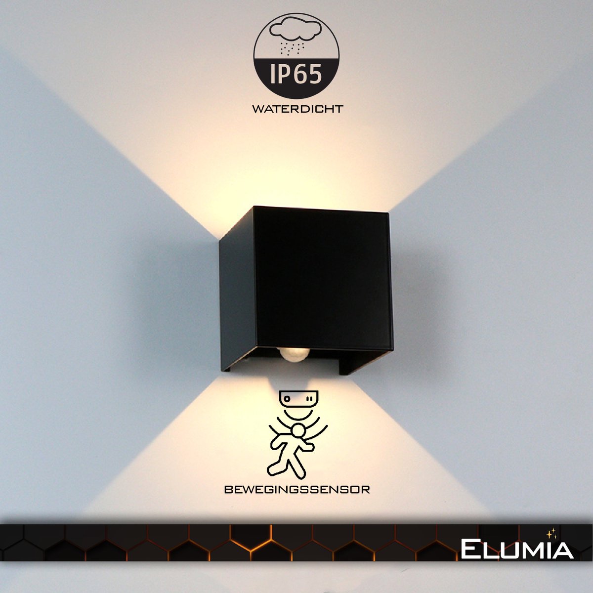 Elumia® Wandlamp met bewegingssensor voor binnen en buiten - Zwart - 10x10x10cm - Warm wit(2700K) - 12W - Industrieel - Waterdicht - LED