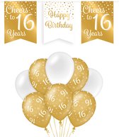 16 Jaar Verjaardag Decoratie Versiering - Feest Versiering - Vlaggenlijn - Ballonnen - Man & Vrouw - Goud en Wit