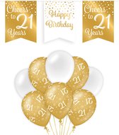 21 Jaar Verjaardag Decoratie Versiering - Feest Versiering - Vlaggenlijn - Ballonnen - Man & Vrouw - Goud en Wit