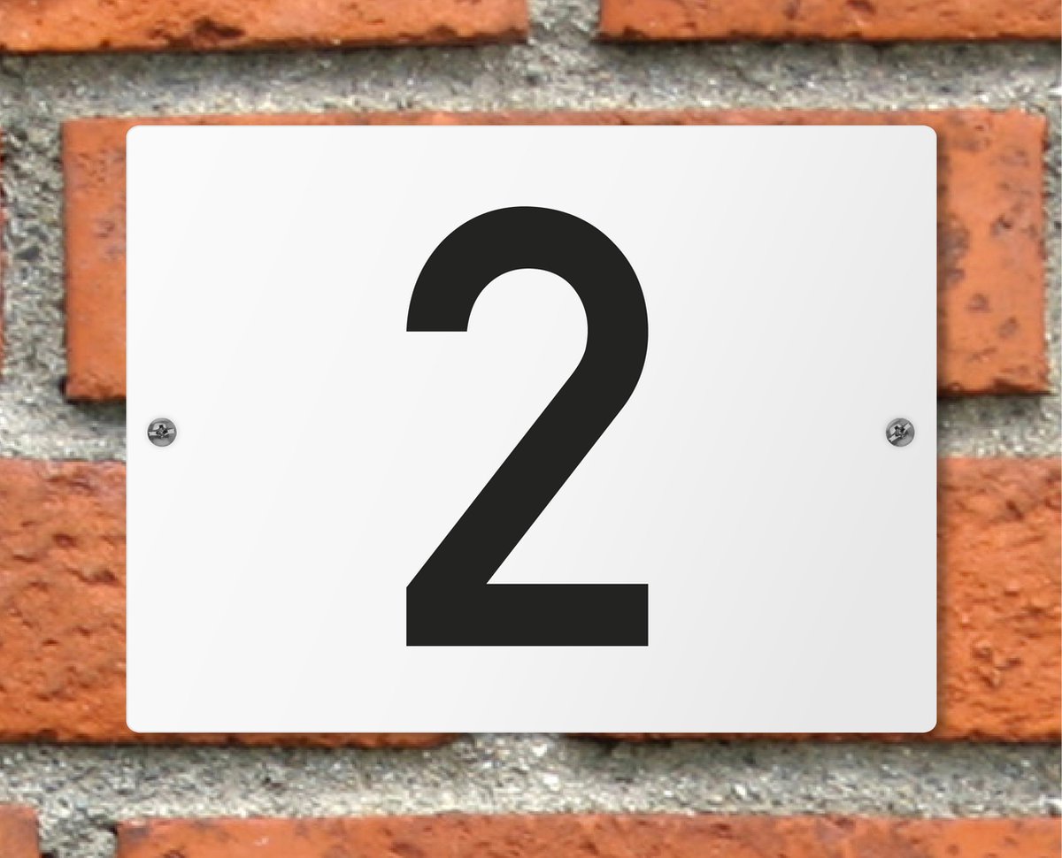 Huisnummerbord wit - Nummer 2 - standaard - 16 x 12 cm - schroeven - naambord - nummerbord - voordeur