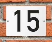 Huisnummerbord wit - Nummer 15 - standaard - 16 x 12 cm - schroeven - naambord - nummerbord - voordeur