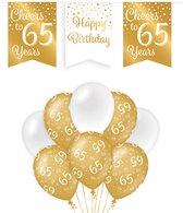 65 Jaar Verjaardag Decoratie Versiering - Feest Versiering - Vlaggenlijn - Ballonnen - Man & Vrouw - Goud en Wit