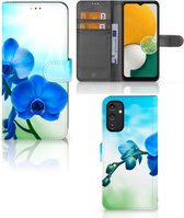 Telefoonhoesje Geschikt voor Samsung Galaxy A14 5G Wallet Book Case met foto Orchidee Blauw Valentijn Cadeautje Vrouw