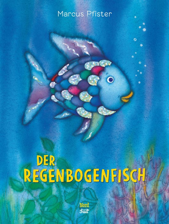 Der Regenbogenfisch, een blauwe vis met gekleurde schubben, zwemt in de oceaan.