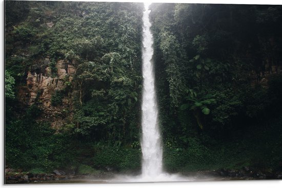 Dibond - Lange Waterval in Oerwoud - 75x50 cm Foto op Aluminium (Met Ophangsysteem)