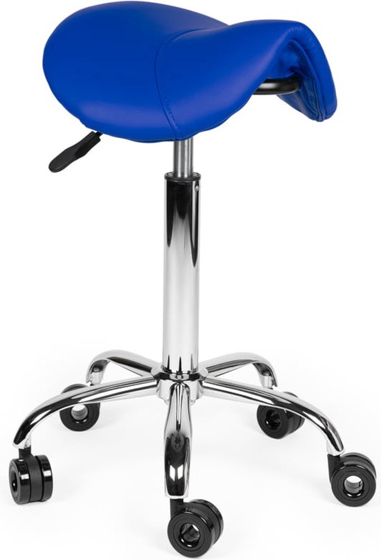 Kapperskruk Blauw Standaard - Wielen waar geen haren tussen kan komen - Zithoogte 50/68cm - kruk op wielen - krukje - werkkruk - zadelkruk - bureaukruk - kapperskruk - verstelbaar - draaikruk - tabouret - zadelkruk met rugleuning - tot 160kg
