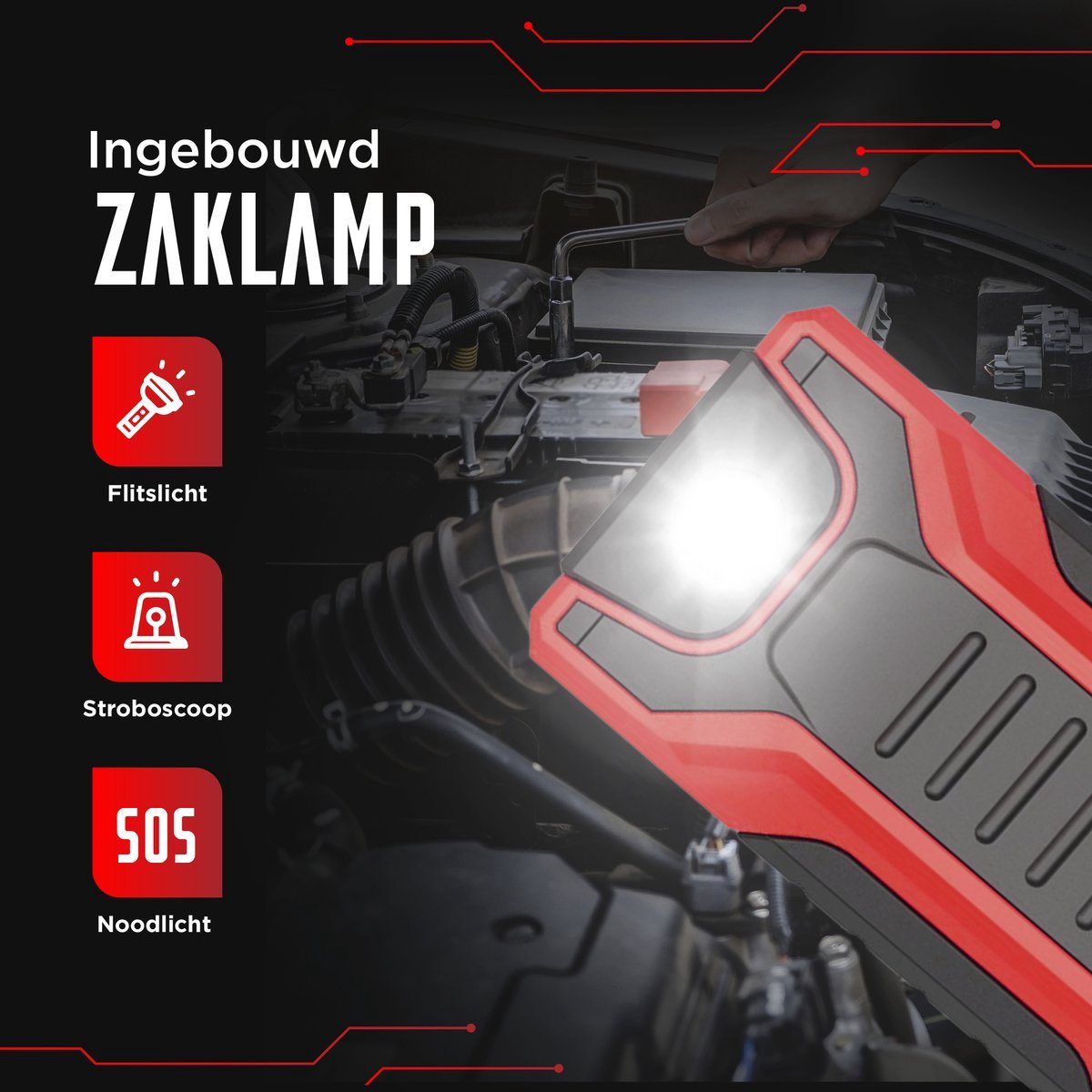 Jumpstarter Auto 16000 MAH - Powerbank - SOS Noodlamp - Startkabels - led  Zaklamp - 3