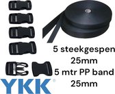 5 stuks YKK steekgesp 25mm zwart- 5 meter 25mm zwart PP band -Gesp-Steekgesp.