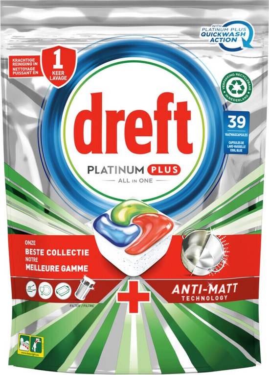 Dreft Platinum Plus All In One Cool Blue - Pack économique 4x39 pièces - Tablettes lave-vaisselle
