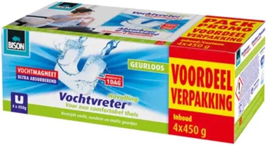 Bison Vochtvreter voordeelverpakking 4x 450g, vochtmagneet ultra absorberend, geurloos, resultaat in 1 dag. Pack promo.