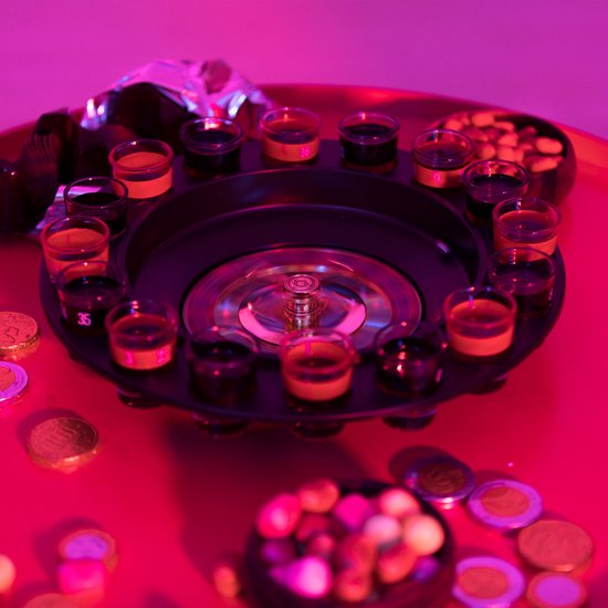 Thumbnail van een extra afbeelding van het spel Relaxdays 10x drankspel roulette - partyspel - shotglaasjes - alcohol roulette - draairad