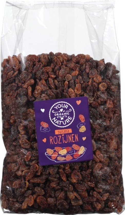 Zak biologische sultana rozijnen met een paars etiket met de tekst 'Your Organic Nature Sultana Rozijnen'.
