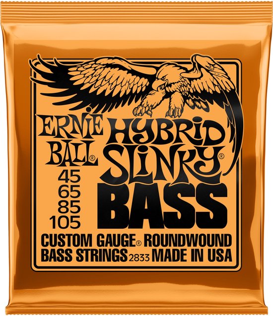 Ernie Ball Hybrid Slinky basgitaarsnaren, custom gauge roundwound, in fel oranje verpakking met adelaar.