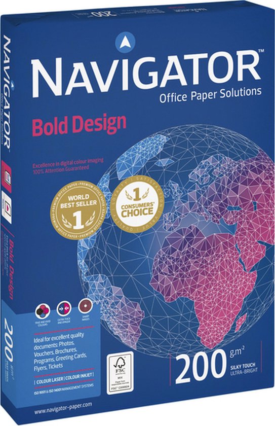 Navigator Bold Design kantoorpapier, 200 grams, A4 formaat. Blauwe verpakking met wereldbol design.