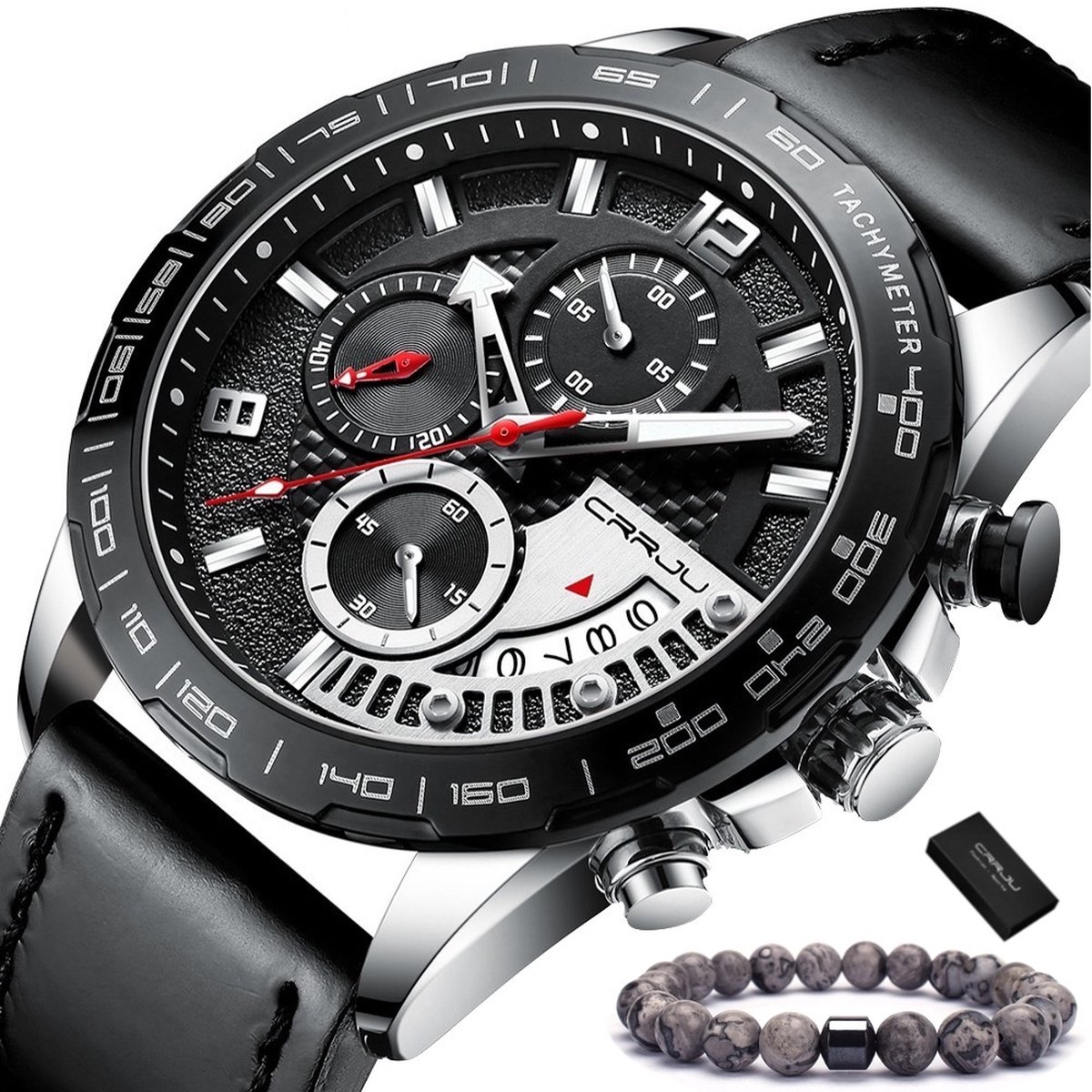 CRRJU - Horloge Heren - Cadeau voor Man - Incl. Armband - 47 mm - Zwart Zilver