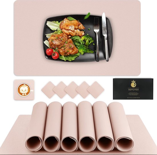 Placemats leer placemat PU kunstleer placemats roze set van 6 afwasbaar waterdicht 45 x 30 cm en vierkante glazen onderzetters voor thuis keuken restaurant