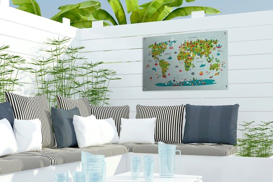 Tuinposter 60x40 cm - Tuindecoratie Wereldkaart Kinderen - Kleuren - Groen - Poster voor in de tuin - Buiten decoratie - Schutting tuinschilderij - Tuindoek muurdecoratie - Wanddecoratie balkondoek