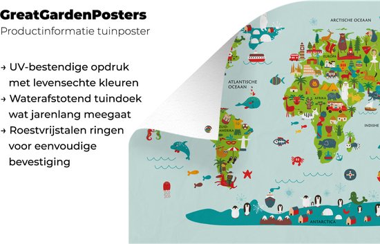 Tuinposter 60x40 cm - Tuindecoratie Wereldkaart Kinderen - Kleuren - Groen - Poster voor in de tuin - Buiten decoratie - Schutting tuinschilderij - Tuindoek muurdecoratie - Wanddecoratie balkondoek