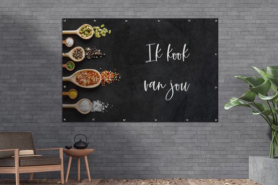 Muurdecoratie Ik kook van jou - Partner - Quotes - Spreuken - Kruiden - 180x120 cm - Tuinposter - Tuindoek - Buitenposter