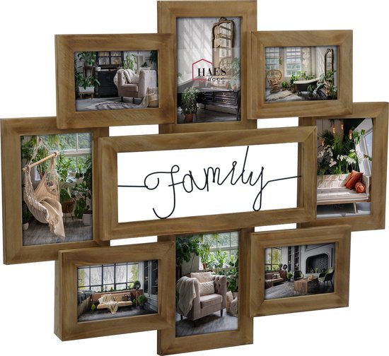 Houten fotolijst met het woord 'Family' in het midden en 8 fotoplaatsen met interieurfoto's.