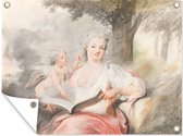 Tuinschilderij Dame met cupido en een liedboek - Schilderij van Cornelis Troost - 80x60 cm - Tuinposter - Tuindoek - Buitenposter