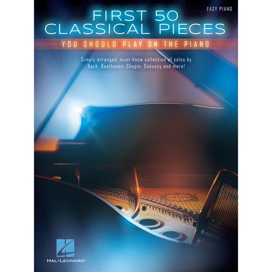 Livre "First 50 Classical Pieces You Should Play on the Piano" avec une image de piano.
