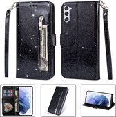 Glitter Bookcase voor Samsung Galaxy S23 Plus | Hoogwaardig PU Leren Hoesje | Lederen Wallet Case | Telefoonhoesje | Pasjeshouder | Portemonnee | Zwart