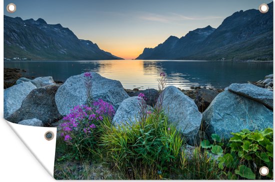 Tuinposter - Tuindoek - Tuinposters buiten - Ersfjordbotn fjord Noorwegen fotoprint - 120x80 cm - Tuin