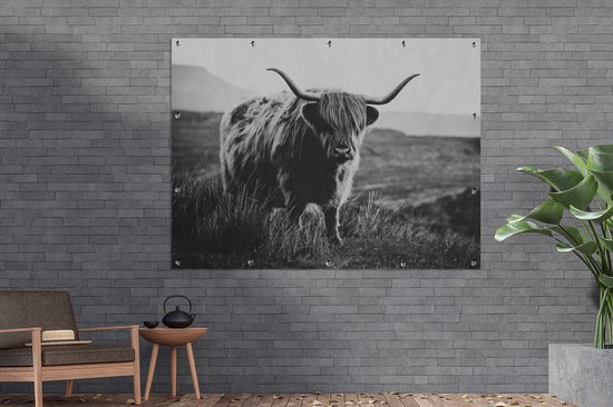 Décoration murale extérieure Highlander écossais - Nature - Vaches - Animaux - Zwart et blanc - 160x120 cm - Toile de jardin - Affiche extérieure