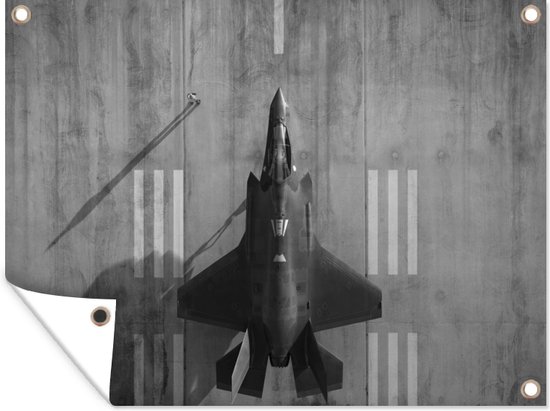 Muurdecoratie buiten De straaljager F-35 Lightning II op de grond - zwart wit - 160x120 cm - Tuindoek - Buitenposter