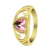Lucardi Dames vintage ring met hart roze – Maat 53 – 17mm - Ring - Cadeau - Moederdag - Staal goldplated - Goudkleurig