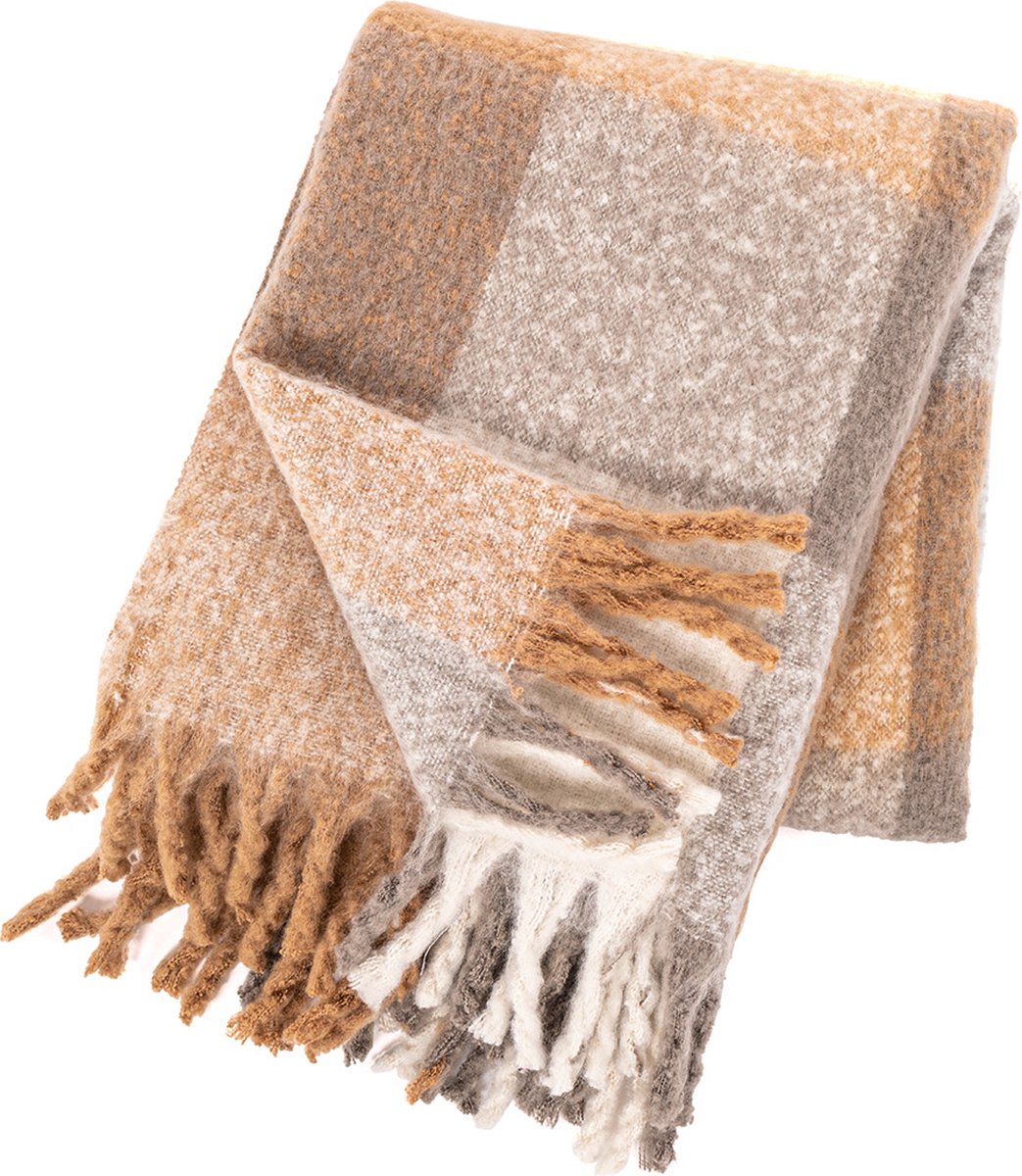 Tiseco Home Studio - Plaid FLOCK - polyester - met franjes - super zacht - geruit patroon - 130x170 cm - bruin, wit, grijs INDIAN TAN
