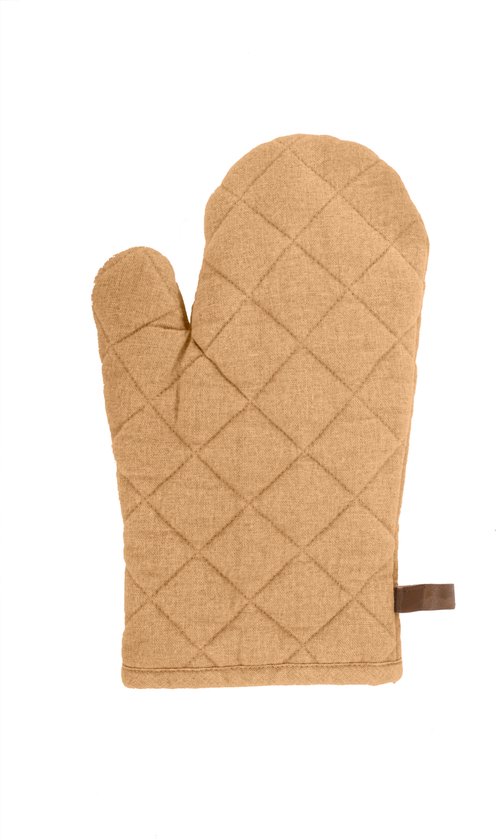 Bruine ovenwanten van 18x28cm met ruitpatroon en bruin label.