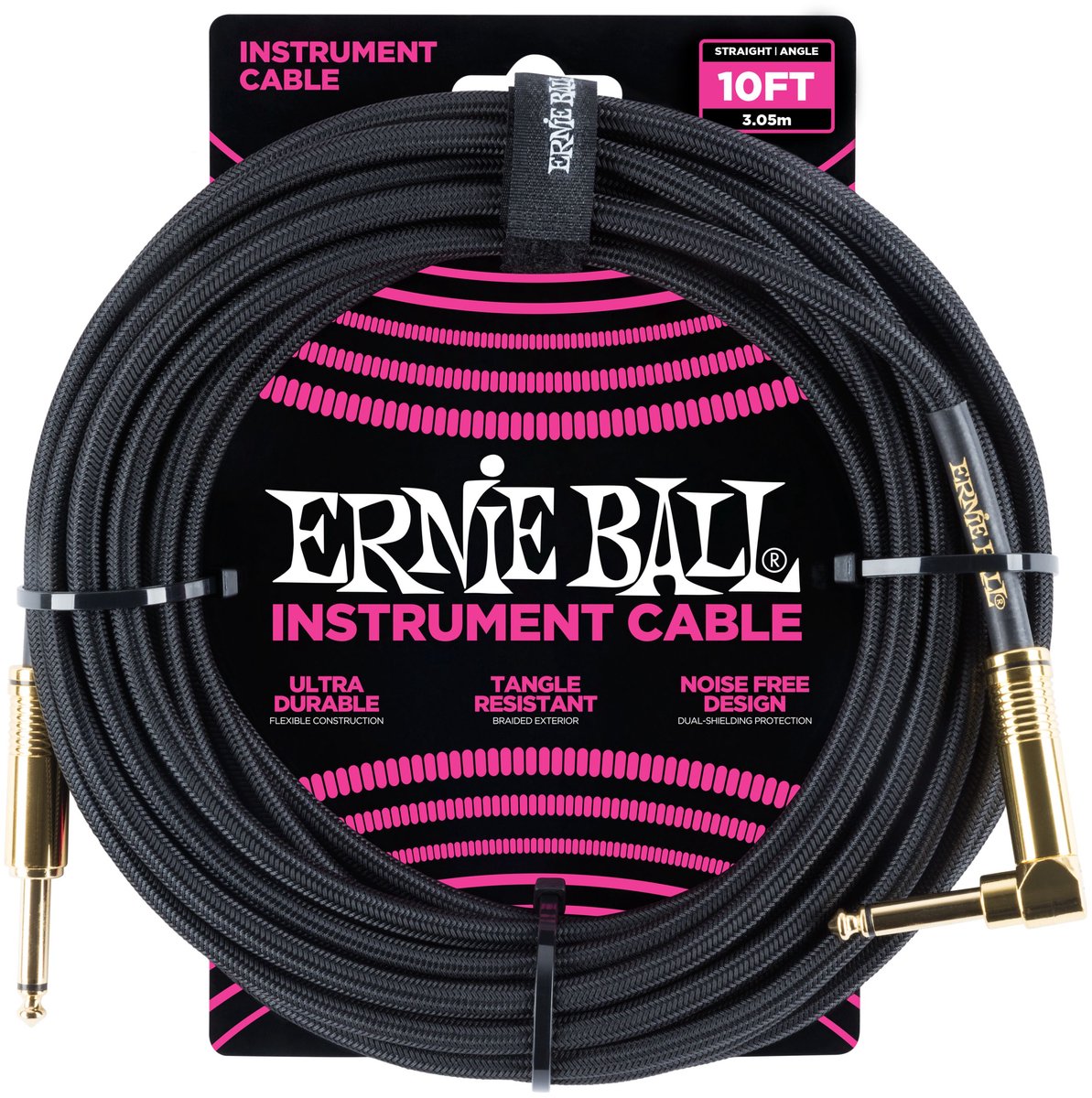 Ernie Ball Braided - Instrumentkabel - Jack Recht/Haaks - 3 Meter - Zwart/Goud - Dubbelgeleider - Gevlochten Mantel