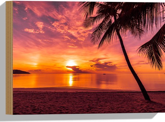 Hout - Silhouet van Palmboom aan Kalm Water met Zonsondergang - 40x30 cm - 9 mm dik - Foto op Hout (Met Ophangsysteem)