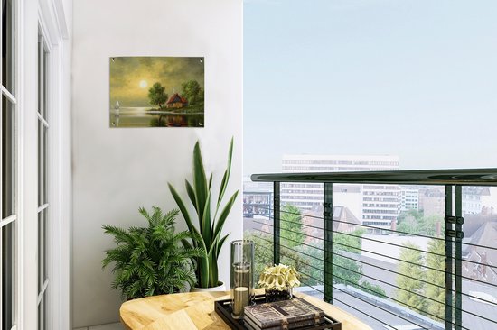 Tuin decoratie Schilderij - Olieverf - Huis - Natuur - Water - 40x30 cm - Tuindoek - Buitenposter