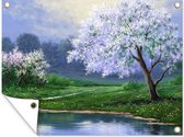 Tuinposter - Tuindoek - Tuinposters buiten - Schilderij - Boom - Bloesem - Natuur - Water - 120x90 cm - Tuin
