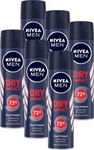 NIVEA MEN Dry Impact Anti-Transpirant Spray - 72 uur bescherming - Met mineralen en DryPlus - Alcoholvrij en antibacterieel - 6 x 150 ml - Voordeelverpakking