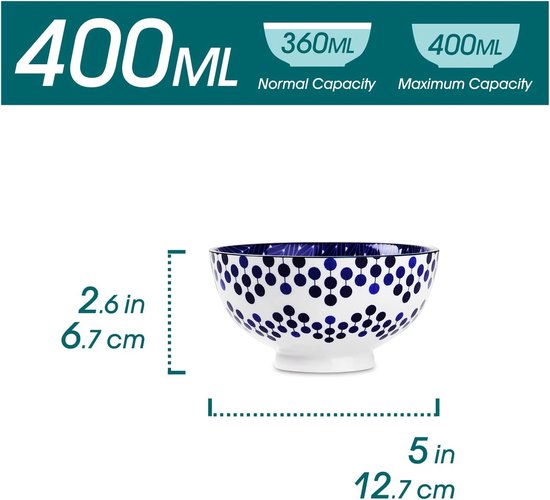 Keramische mueslikommen met patroon, voor 6 personen, Japanse designs, blauw en wit, keramische