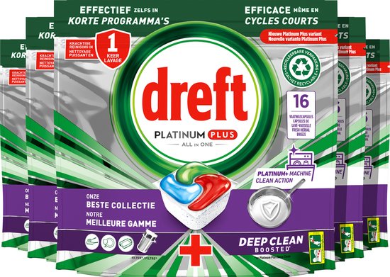 Dreft Platinum Plus All In One Machine Clean - Vaatwastabletten - 5 x 16 Tabletten