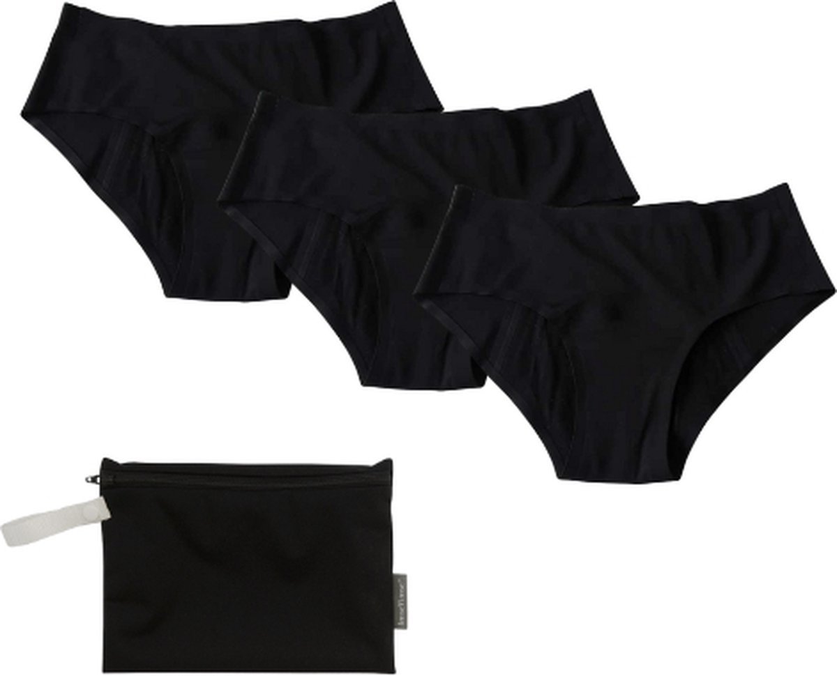 Cheeky Wipes Menstruatie ondergoed - Feeling Sleek + Wetbag - Set van 3 - Naadloos - Maat 40-42 - Zwart