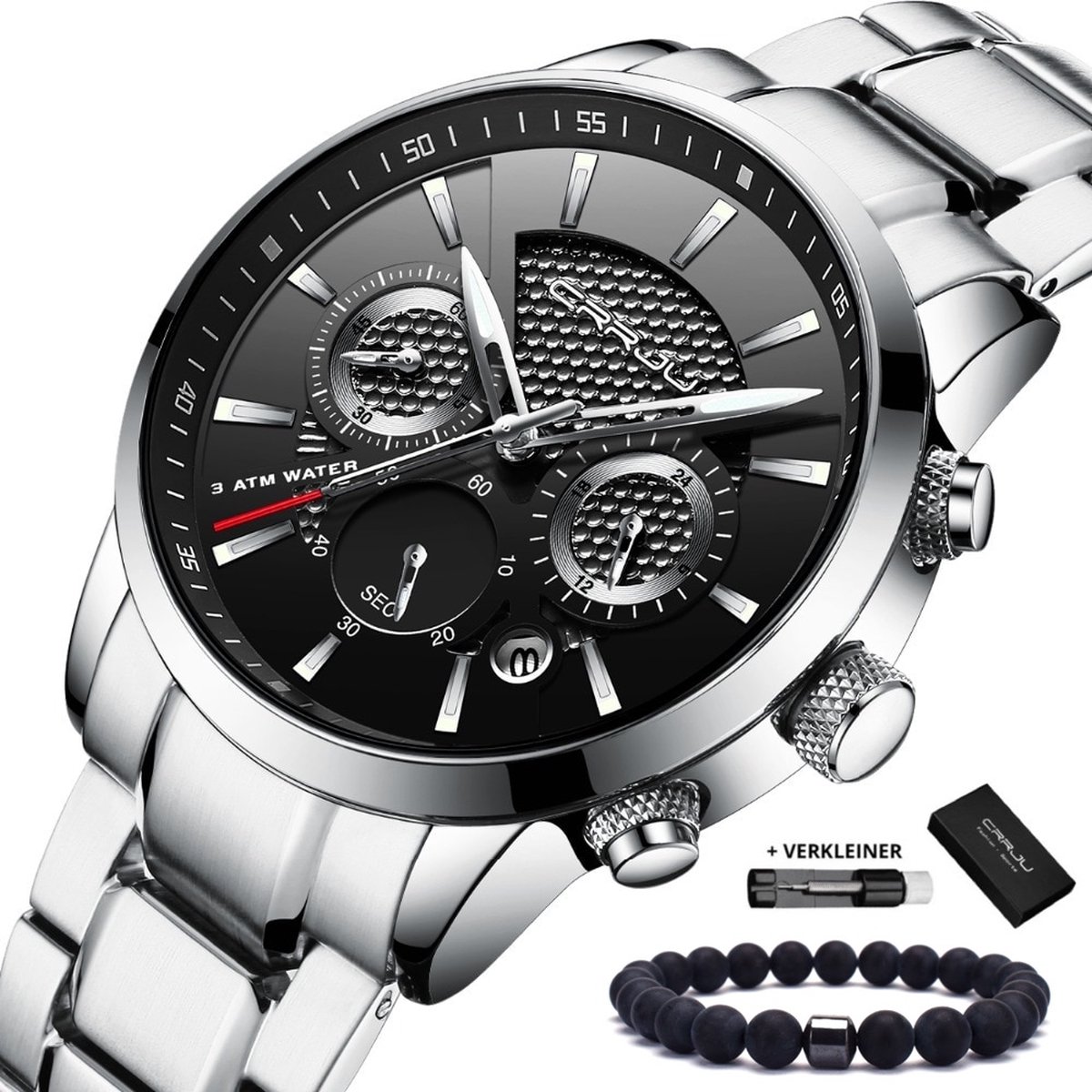 CRRJU Horloge Heren Horloges voor Mannen Watch Herenhorloge - Incl. Armband & Horlogebox Geschenkdoos - Zilver Zwart