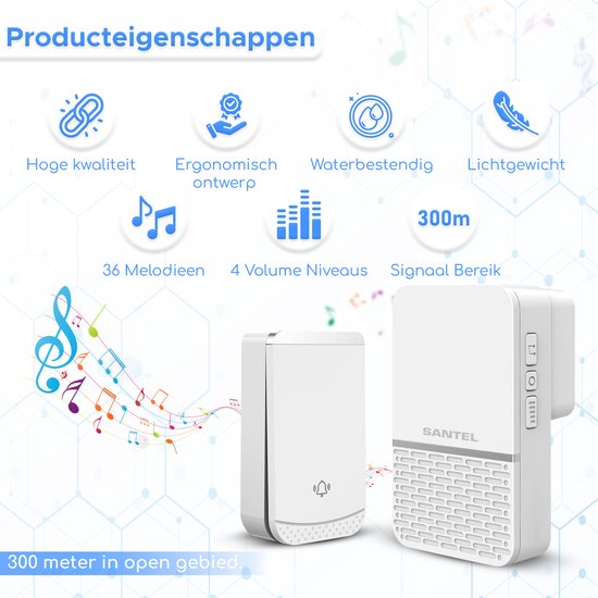 Santel TS04 - Draadloze Deurbel Set - Ontvanger op stroom - Bereik 300 meter - IP44 Waterdicht - 36 Melodieën - Wit — afbeelding 3