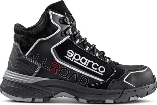Chaussure de travail noire Sparco Allroad avec des accents blancs et argentés, 'Sparco ALLROAD' est écrit sur le côté.