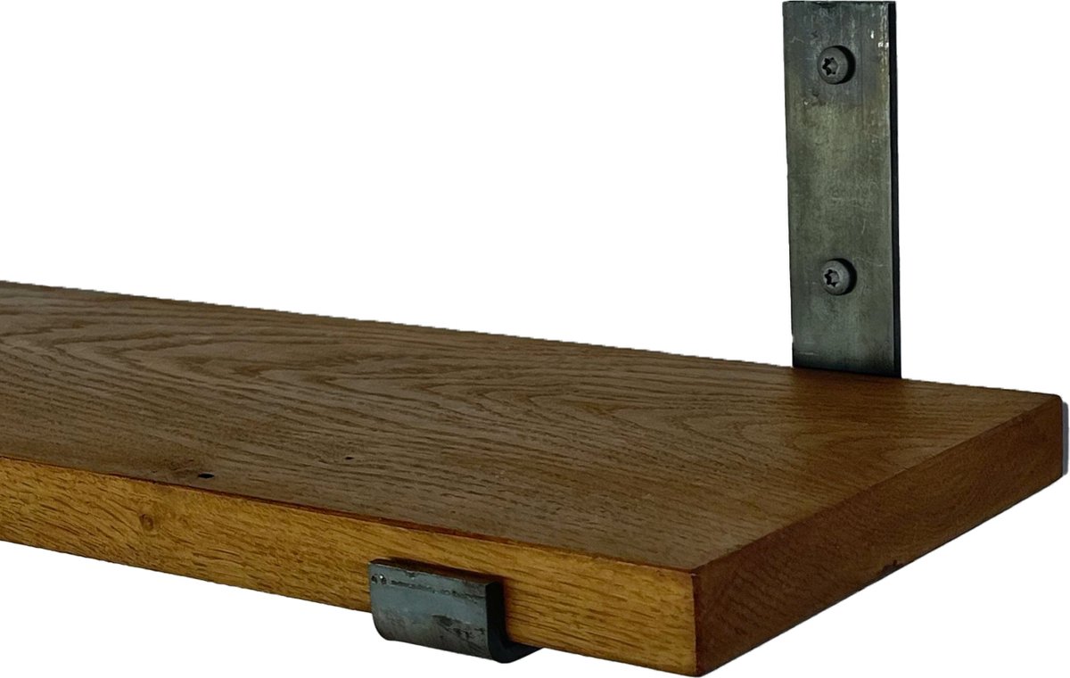 GoudmetHout Wandplank Industrieel - 80 x 20 cm Muurplank - Donker Eiken Hout - Decoratie Wandrek & Boekenrek - Hangplank Keuken - Wall Shelf + 2 Plankdragers van Ruw Staal Donker eiken - Zonder coating - 20 cm