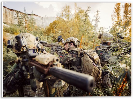 PVC Schuimplaat - Soldaten in Actie in Groen Landschap met Bergen - 40x30 cm Foto op PVC Schuimplaat (Met Ophangsysteem)