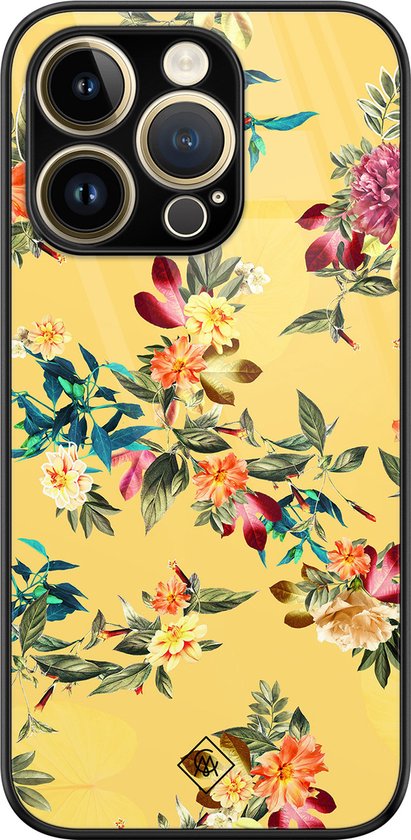 Casimoda® hoesje - Geschikt voor iPhone 14 Pro Max - Bloemen geel flowers - Luxe Hard Case Zwart - Backcover telefoonhoesje - Geel