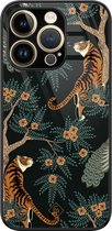 iPhone 14 Pro Max hoesje glas - Tijger jungle - Bruin/beige - Hard Case Zwart - Backcover telefoonhoesje - Tijger - Casimoda®